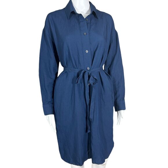 Uniqlo Dresses & Skirts - Uniqlo Navy Rayon Linen Minimalist Modest Relaxed Oversized Shirt Dress Sz XS